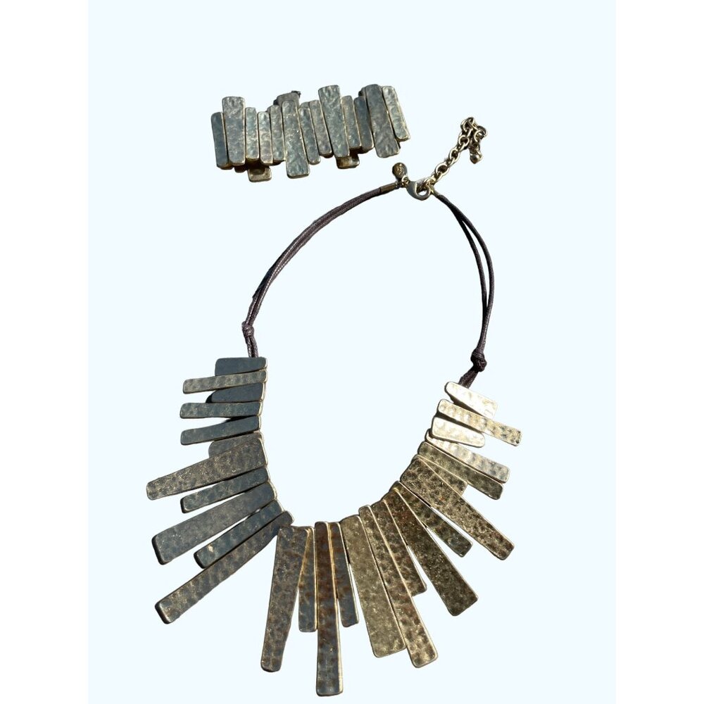 JOAN RIVERS Textured Brass Tone Metal Bars Leather Cord Bib Collar Necklace Vtg